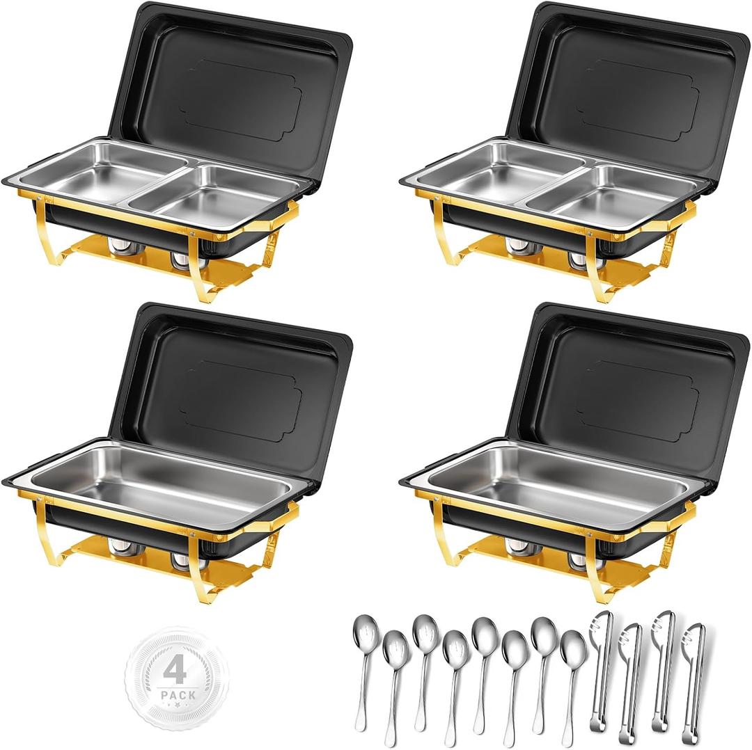 Chafing Dishes for Buffet, 8 Qt High Grade Chafing Dish Buffet Set, Rolled-Edge Design Food Warmers for Parties, Buffet, Wedding, Birthday, Camping 4 Pack 6 Pans [Black Gold]
