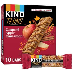 KIND THINS Caramel Apple Cinnamon with Almonds, Pecans, & Peanuts, Gluten Free, 100 Calorie, Healthy Snacks, 10 Bars (Pack of 1)(BB: June 17, 2025)