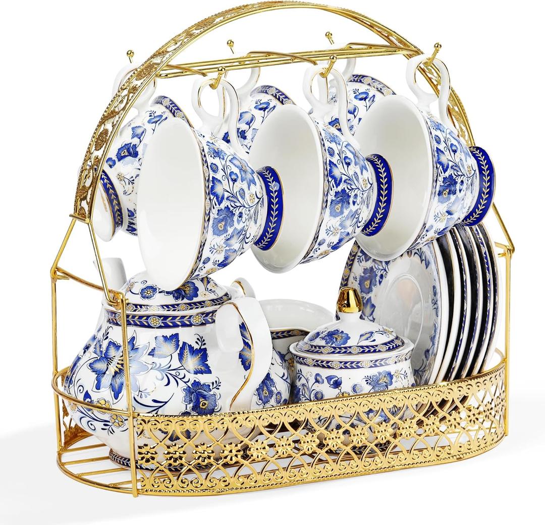 fanquare Porcelain Tea Sets,Blue British Coffee Cups& Saucer Service for 6, with Teapot,Sugar Bowl,Creamer Pitcher and Golden Metal Rack