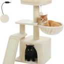 PETEPELA Small Cat Tree for Indoor Cats, 32'' Cute Cat Tower Cat Condo with Sisal Scratching Ramp, Cozy Hammock and Removable Top Bed Perch for Kittens, Beige