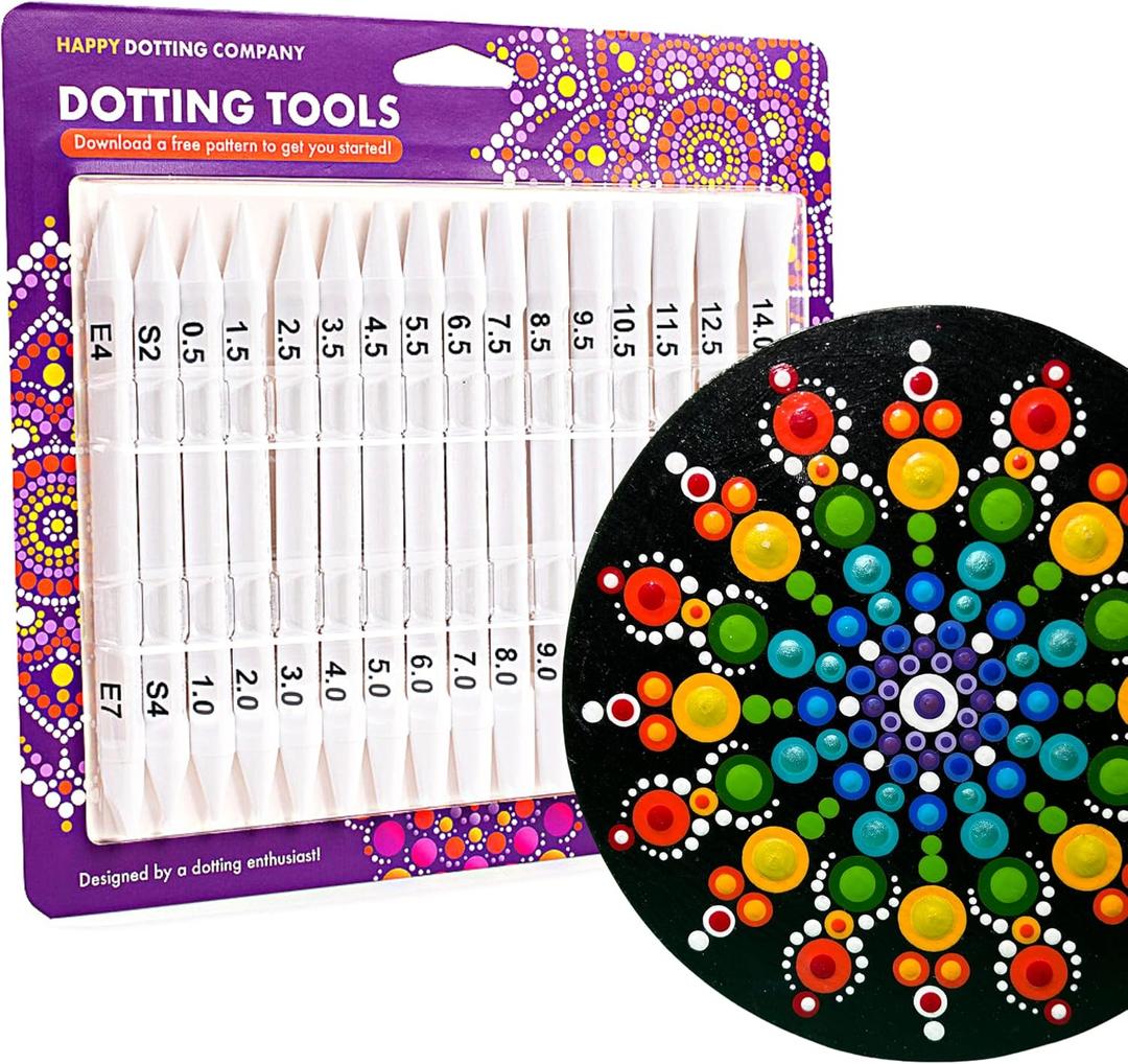 Happy Dotting Company Tools for Painting Mandalas - Patented 16pc Premium Double Ended - 28 Easy Read Sizes Plus Stylus & Ellipse Tools, Anti-Roll Grip for Rock Painting, Nail Art, Pottery and Canvas