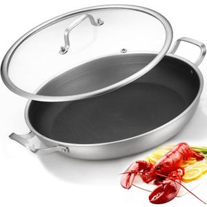 Tri-Ply Stainless Steel Paella Pan,13.5 Inch Nonstick Large Skillet,10 Servings 18/10 Paella Pan with Lid,Jumbo Cooker,Induction Pan,large stainless steel pan for Outdoors,Camping,Parties (Hybrid 13.5 INCH)