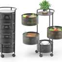 Rotating Kitchen Storage Rack No Assembly, 4-Tier Metal Storage Tower Basket Shelves Organizer on Rolling Wheels with Removal Drawers for Fruit Vegetable Grocery Corns Potato Onion (4-Tier, Black)