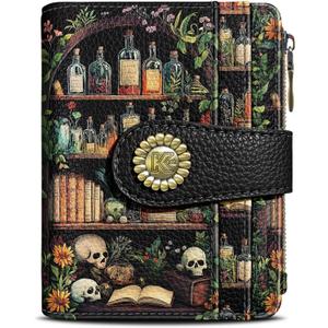 Kelvoris Bookshelves Skull Goth Gothic Small Rfid Women Wallet Bifold Zipper Coin Pocket PU Leather Compact Cash Credit Card Holder Travel Wallet Female Ladies Teen Girls 1 ID Window 10 Card Slots