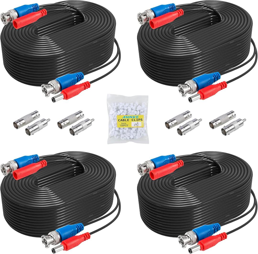 ANNKE 4 Pack 30M/100ft All-in-One Video Power Cables, BNC Extension Surveillance Camera Cables for CCTV Security DVR System Installation, Free 8 x BNC Connectors and 100pcs Cable Clips Included