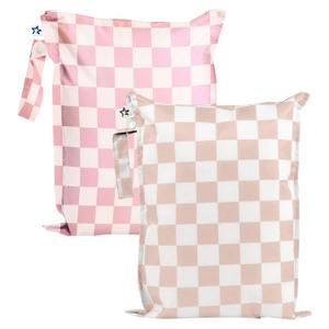 Tiny Twinkle Mess Proof Waterproof Wet Dry Bag | 2-Pack Reusable Wet Bags for Swimsuits & Baby Clothes | Leakproof Wet Bag for Travel & Diaper Changes for Baby (Pink, Brown Checkers)