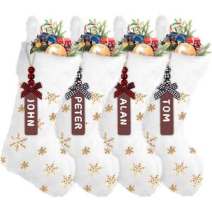 XIMISHOP 4 Pack Christmas Stockings, 18 Inch Large Faux Fur Sequin Snowflake Christmas StockingsSnowy White Xmas Stockings Hanging Ornaments for Christmas Holiday New Year Decorations (Yellow)