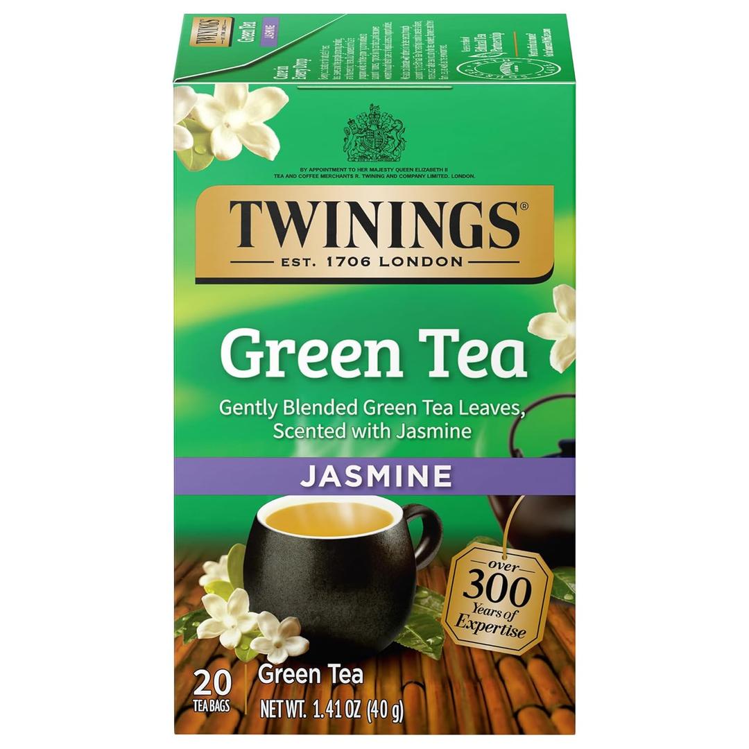 Twinings Green Tea with Jasmine Individually Wrapped Bags, 20 Count (Pack of 1), Fragrant Floral Scent, Caffeinated, Enjoy Hot or Iced, 20 Teabags (EXP 10/08/28)