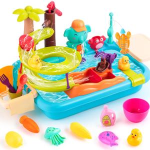 Juboury Play Sink with Running Water, Kitchen Sink Toys with Manual Faucet, Unique Water Slide Track, Pool Floating Magnetic Fishing Toys, Pretend Play Kitchen Accessories for Kids Girls Boys Toddlers