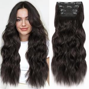 ALXNAN Clip in Long Wavy Synthetic Hair Extension 24 Inch Black Brown 4PCS Thick Hairpieces Fiber Double Weft Hair for Women