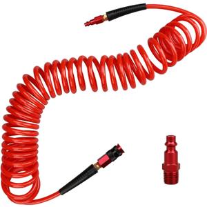 Hromee 1/ 4 in x 25 ft Polyurethane Recoil Air Hose with Bend Restrictors Compressor Hose with 1/ 4" Industrial Universal Quick Coupler and I/ M Plug Kit, Red