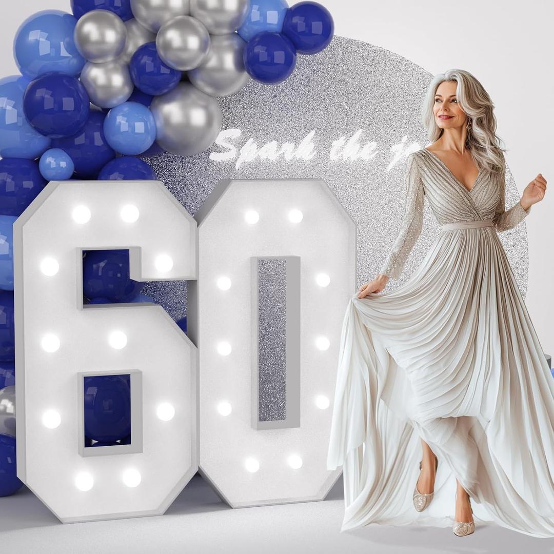JoyMuse 4FT 60 Marquee Numbers, Large Light Up Numbers 60 for 60th Birthday Decorations Cool White Light Number 60 for Anniversary Birthday Party Decor