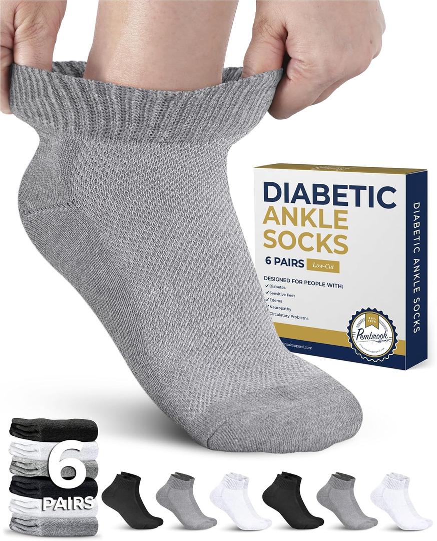 Pembrook Diabetic Ankle Socks for Men and Women - 6 Pairs Low Cut Seamless | Diabetic Socks for Men (Medium, 2 White / 2 Gray / 2 Black - 6 Pairs)