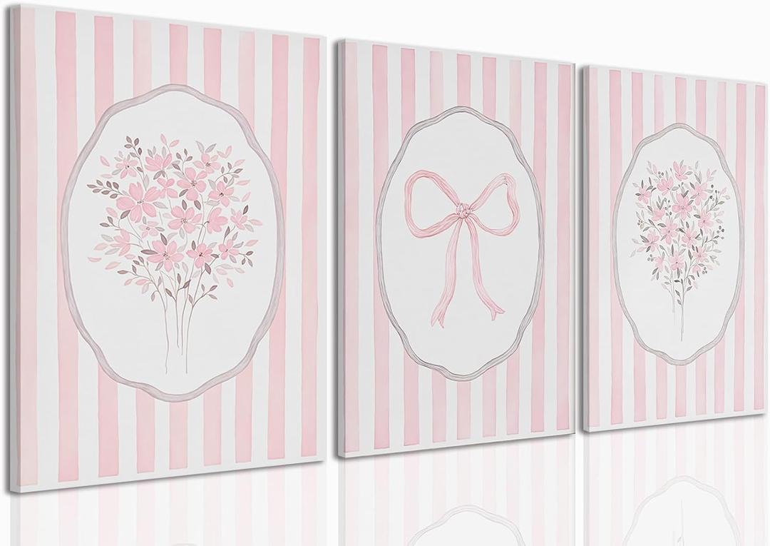 Pink Floral Canvas Prints Pink Striped Flower Wall Art 3 Piece 16x24in
