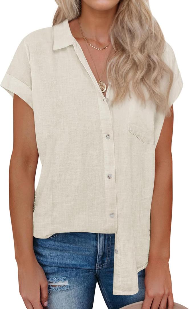 siliteelon Linen Shirts for Women Button Down Shirts Short Sleeve Cotton Collared V Neck Solid Casual Blouses with Pocket (Beige, L)