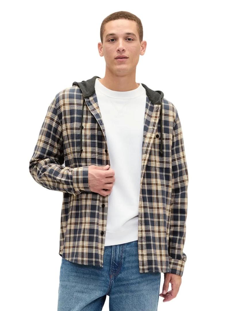 GAP Men's Long Sleeve Hooded Flannel Button-Down Shirt, Khaki Black Plaid, Large (L)