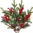 4 Pcs Christmas Artificial Pine Branches 28.3 inch Norfolk Pine Stems Christmas Greenery Picks with Red Berries Pines Needles Picks Spray Xmas Tree Branches for Xmas Vase DIY Craft Holiday Decor