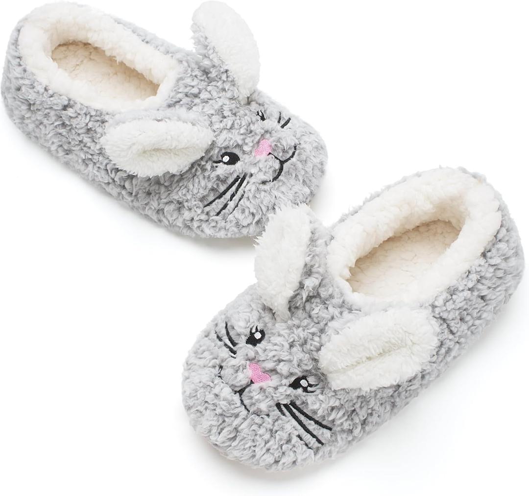 Cozylook Cute Animal House Slippers - Fuzzy Warm Bedroom Slipper Socks Non-Slip Grippers with Funny Face Designs, Fun Christmas Gifts Unique (11-13 Little Kid, Grey Bunny)