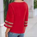 Women's V Neck Mesh Panel Sleeve Tops Tie Knot Hem Tops 2025 Summer Casual Blouses 3/4 Bell Sleeve Loose Shirt