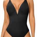 Lace Bodysuit Backless Shapewear for Women V-Neck Tummy Control Thong Body Shaper, Medium, Black 