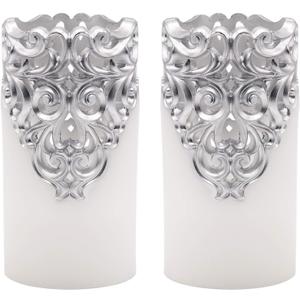 Hollow Silver Flameless Flickering Candles with 5H Timer, Battery Operated LED Pillar Candles Unscented Wax Warm Light Christmas Home Decoration(Set of 2, 3 x 6 Inches)