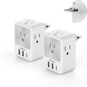 Italy Travel Plug Adapter 2 Packs, TESSAN Italy Power Adapter with 4 Outlets 3 USB Ports (1 USB C), Type L Plug Adaptor Italian for US to Chile Ethiopia Libya Syria Tunisia Uruguay (White/Grey (Type L))