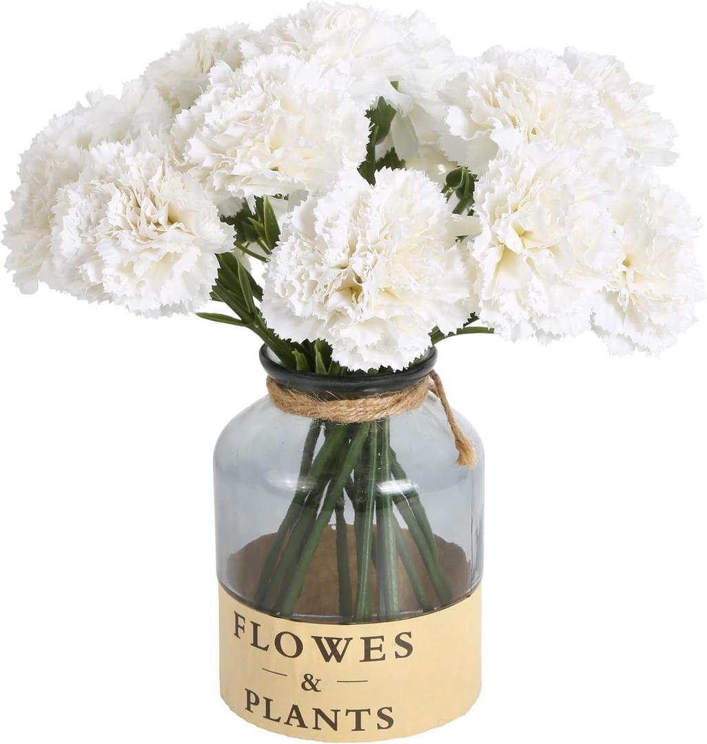 15PCS White Carnations Artificial Flowers White Fake Flowers Silk Carnations White Flowers for Wedding Centerpieces Bridal Shower for Dining Table Home Party Birthday Decor (White)