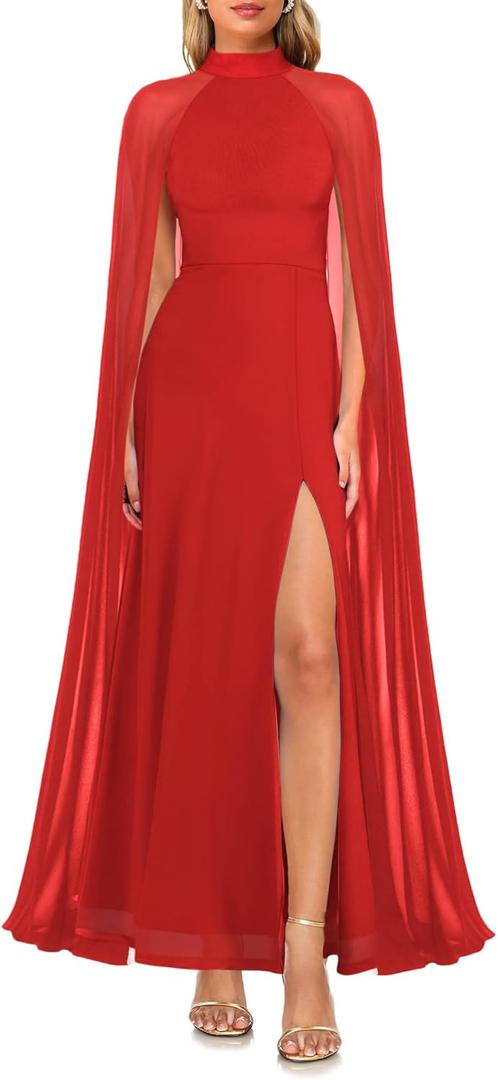 MAYFASEY Women's Elegant Long Sleeve Halter Neck Sexy Split Cocktail Evening Party A Line Maxi Long Formal Dress with Cape (Red, S)