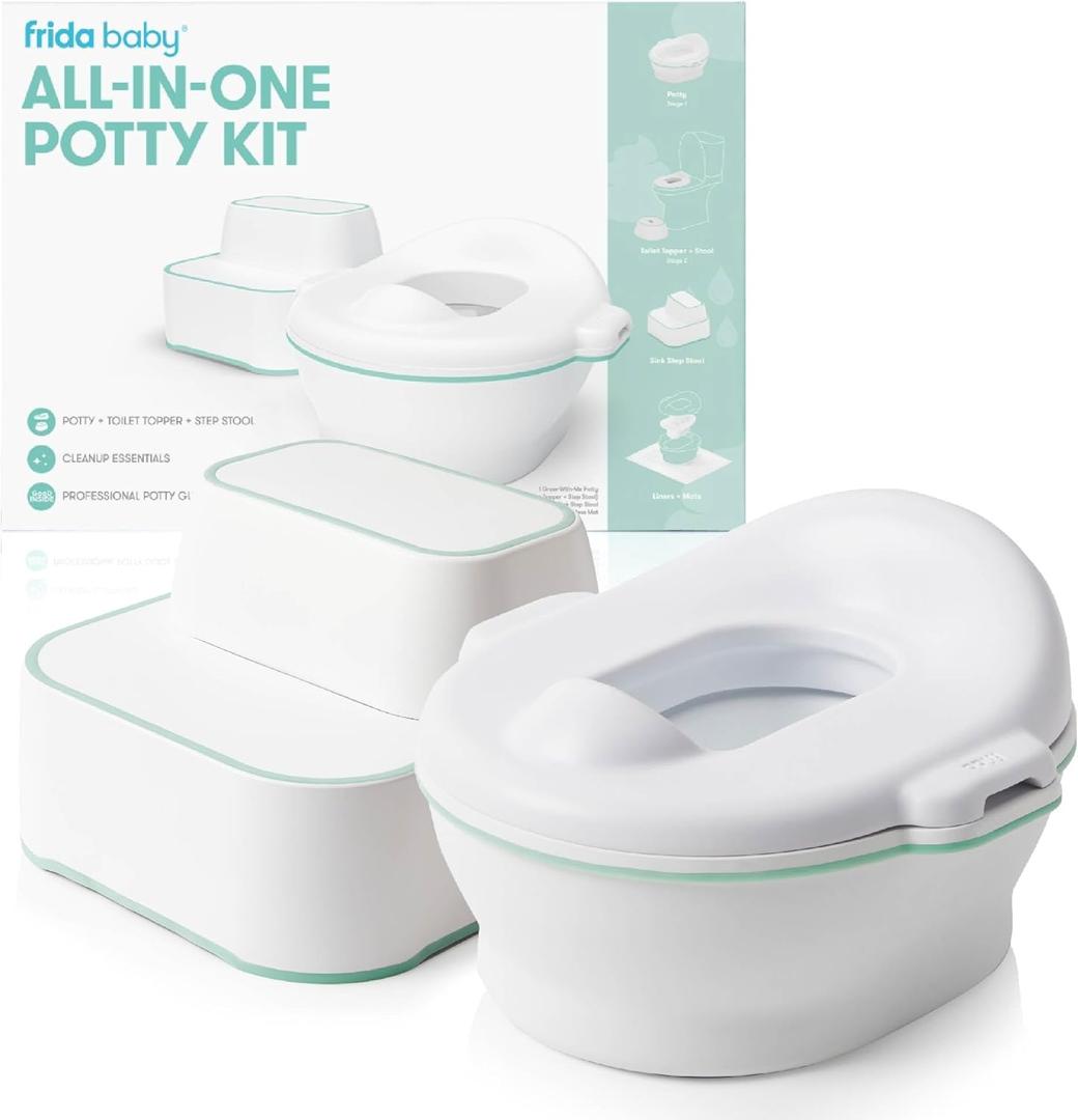Frida Baby All-in-One Potty, Training Toilet with Toddler Potty Chair, Toilet Seat Topper, Toilet Step Stool, Sink Step Stool, Cleanup Essentials, and Professional Potty Guide