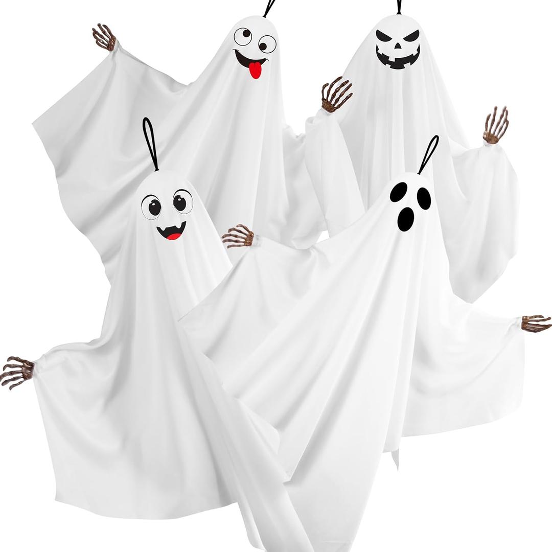4PCS Hanging Ghosts Halloween Decorations With Skeleton Hands, Spooky & Cute Expression for Front Porch and Tree