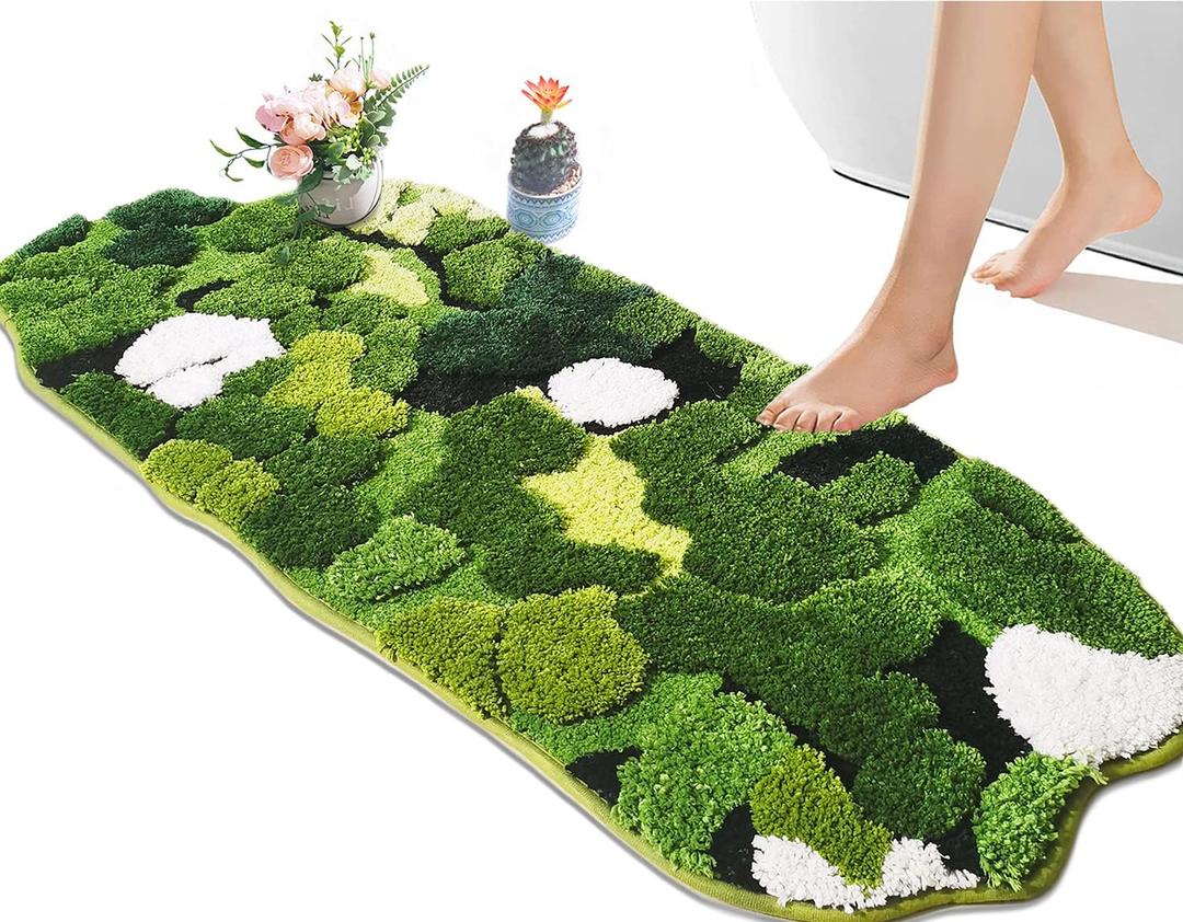 Cute Green Moss Bathroom Runner Rug Long Rectangular Boho Aesthetic Leaf Leaves Bath Mat Shaggy Non Slip Absorbent Shower Mat Decor (1'8" x 3'7" (Rectangular))