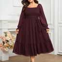 SCOMCHIC Women's Plus Size Dress Long Sleeve Square Neck Swiss Dot Chiffon Smocked A Line Ruffle Cocktail Maxi Dresses (XXXL)