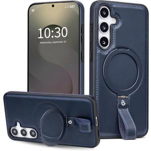 for Samsung Galaxy S25 Plus and S24 Plus Case Leather with Stand, Anti-Slip Grip Ring, Fits for MagSafe (Navy, S25 Plus/S24 Plus)