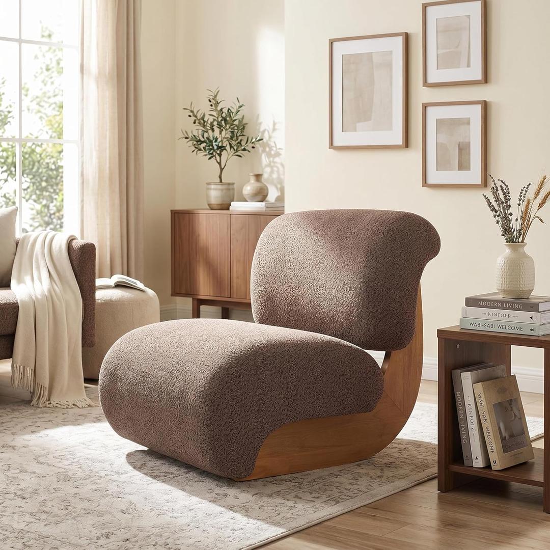  28" Modern Curved Boucle Accent Chair with Solid Wood Base, Mid-Century Armless Upholstered Slipper Lounge Chair for Living Room, Bedroom, Reading Nook, Natural + Brown