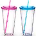 Zukro Clear Acrylic Tumbler with Straw and Lid 32 oz, Double Walled Insulated Reusable Plastic Iced Coffee Cup, To Go Cup Perfect for Parties, Birthdays, Fit in Cupholder, BPA Free, Red & Blue 2 Pack