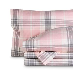 Bare Home Flannel Sheet Set Prints, 100% Cotton, Velvety Soft Heavyweight - Double Brushed Flannel - Deep Pocket (Split King, Aurora Plaid - Pink)