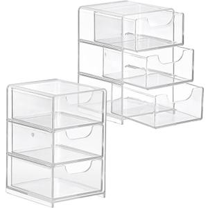 Hipiwe 2 Packs Acrylic Desk Organizer with 3 Drawers Small Display Organizer for Makeup Cotton Swabs Jewelry Clear Qtip Storage Box for Living Room Bathroom Office