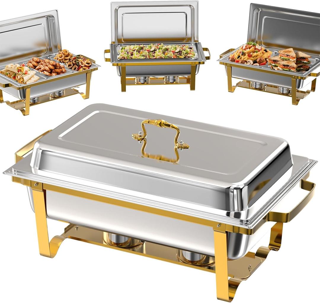Amhier Chafing Dishes for Buffet 4 Pack, 9QT [Multiple Food Pans Combo] Chafing Dishes with 2 Full Size + 2 Half Size + 3 Third Size Pans, Chafing Dish Buffet Set for Parties and Wedding, Gold