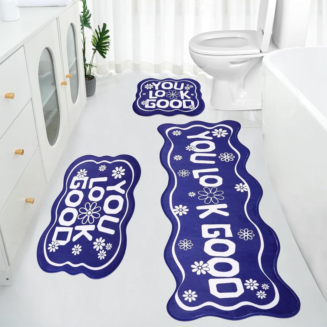 Navy Blue Bathroom Decor Bath Runner Rugs 19" x 59" + 31" x 20" + 20" x 24" You Look Good Mats, 3 Piece Soft Non Slip Shower Mat Cool Bath Rug Carpet Washable Bathmat for Floor