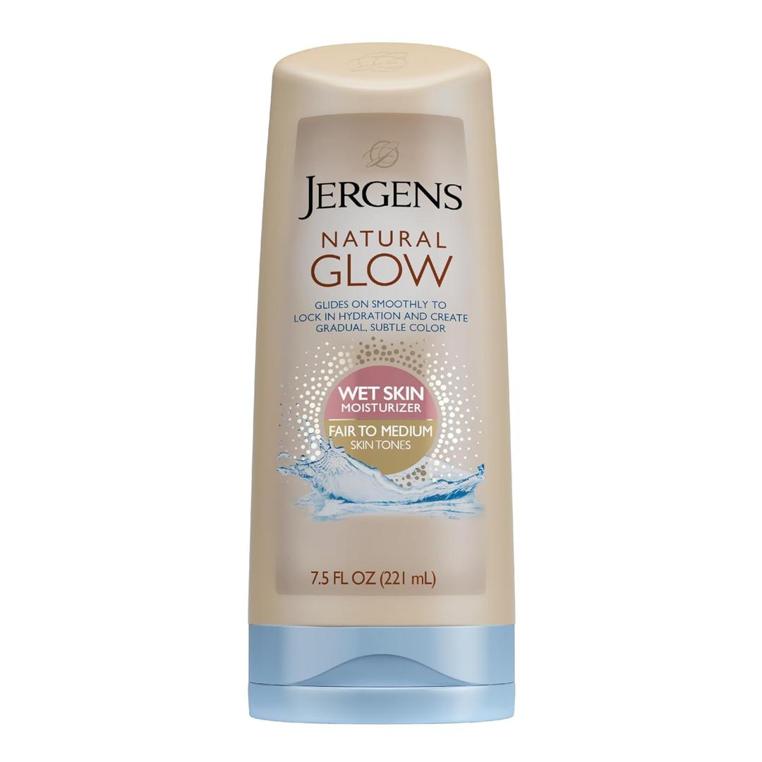Jergens Natural Glow In Shower Lotion, Self Tanner for Fair to Medium Skin Tone, Sunless Tanning Wet Skin Lotion for Gradual, Flawless Color, 7.5 Ounce 