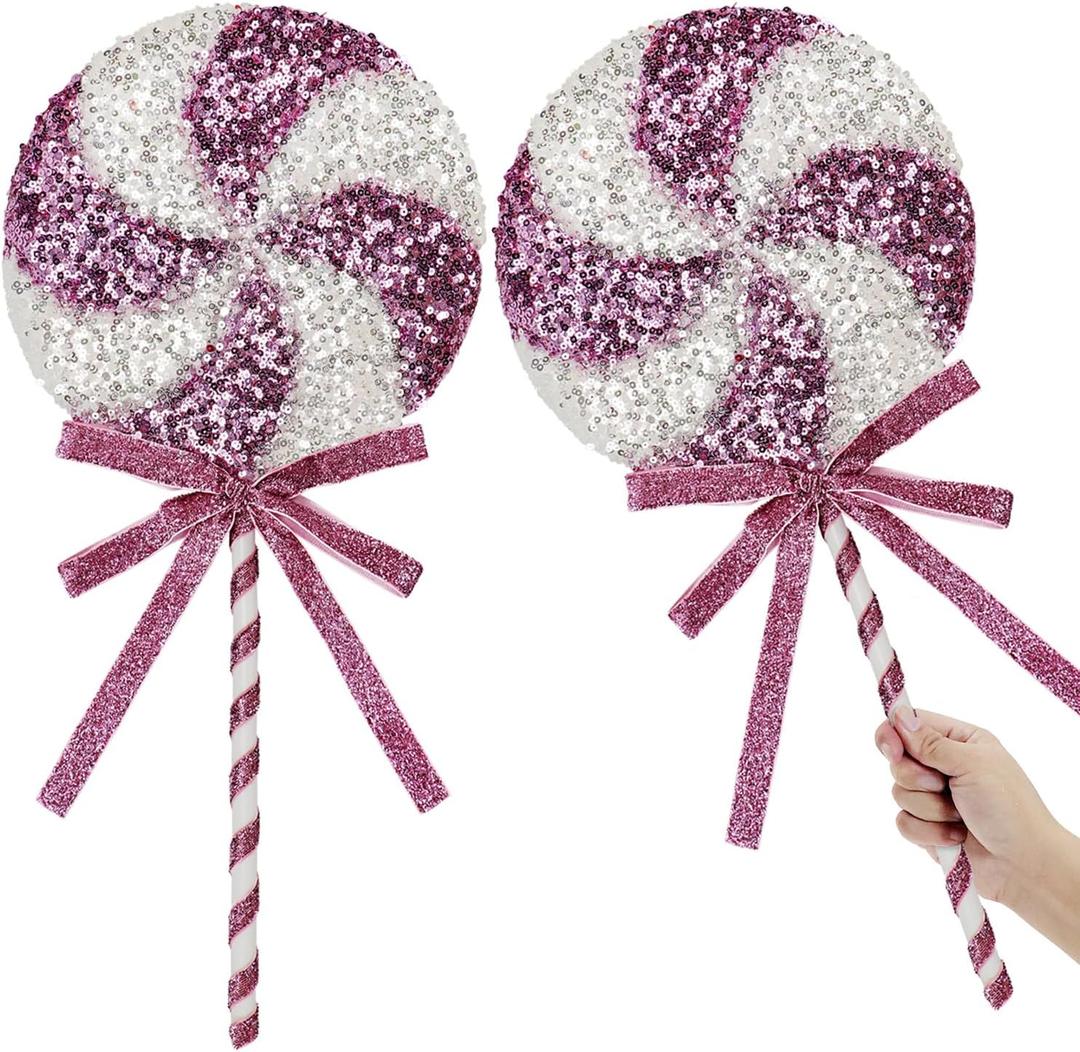 2 PCS Jumbo Sequin Candy Peppermint Christmas Decorations Glitter Candy Cane Lollipop Ornaments Tree Topper Picks Tied Bows Decorative Xmas Sprays Sweets Craft Home Decor (Pink, 11"x26.8")