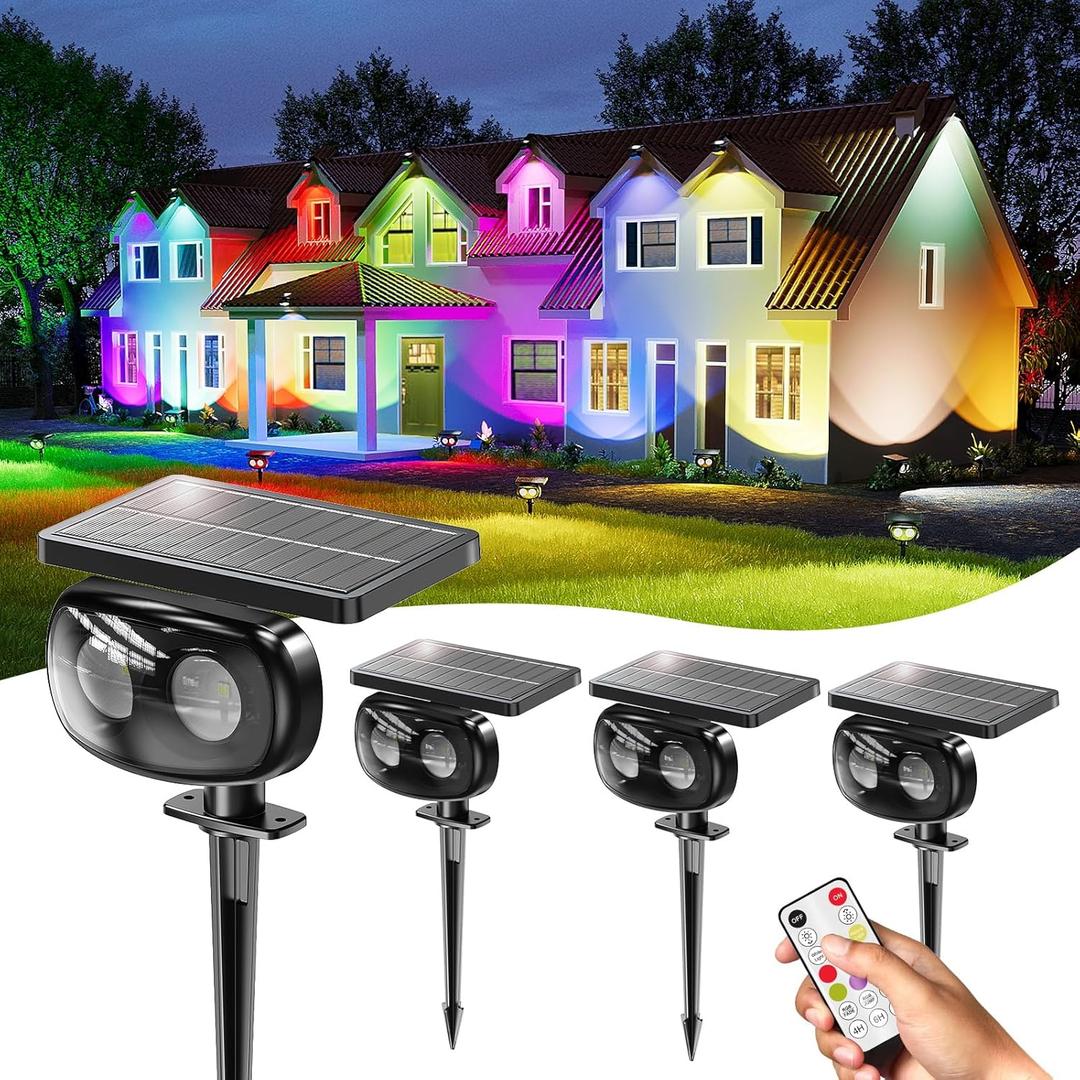 Solar Spot Lights Outdoor Waterproof IP68, RGB Colors Changing Solar Lights with 4 Lighting Modes, Solar Powered Lights Outdoor for Garden Yard Pathway Landscape (4Pack)