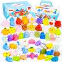 Mochi Squishy Toys 80 Pack, Kawaii Squishies Fidget Toy for Kids Party Favor Christmas Birthday Gift Easter Goodie Bags Fillers Classroom Prizes with Storage Box, Non Duplicates (80 Pack)