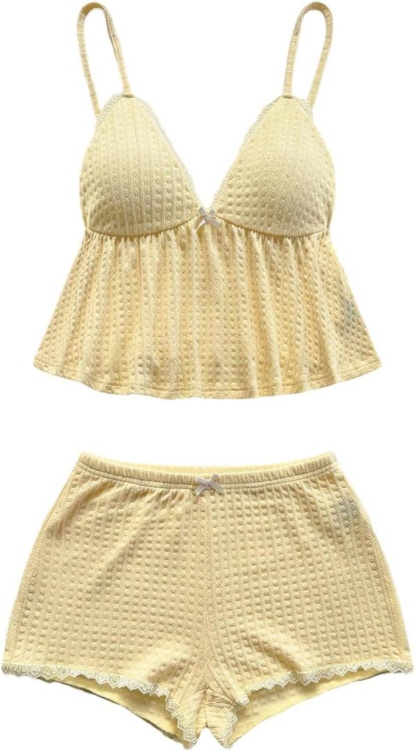 SHENHE Y2K Women's 2 Piece Pajama Set V Neck Ruffle Tank Top and Shorts Loungewear