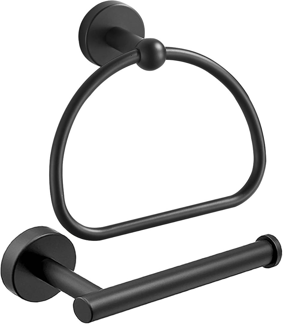 Leyden Matte Black Toilet Paper Holder and Hand Towel Holder, 2 Pieces Bathroom Hardware Accessories Set, SUS304 Stainless Steel Sturdy Wall Mount Toilet Paper Roll Holder and Towel Rack (Black Round Bottom)