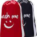 HOMEST 2 Pack XL Wash Me Travel Laundry Bag with Strap, Dirty Garments Organizer, Large Enough to Hold 4 Loads of Clothes, Easy Fit a Hamper or Clothing Basket, Black and Red
