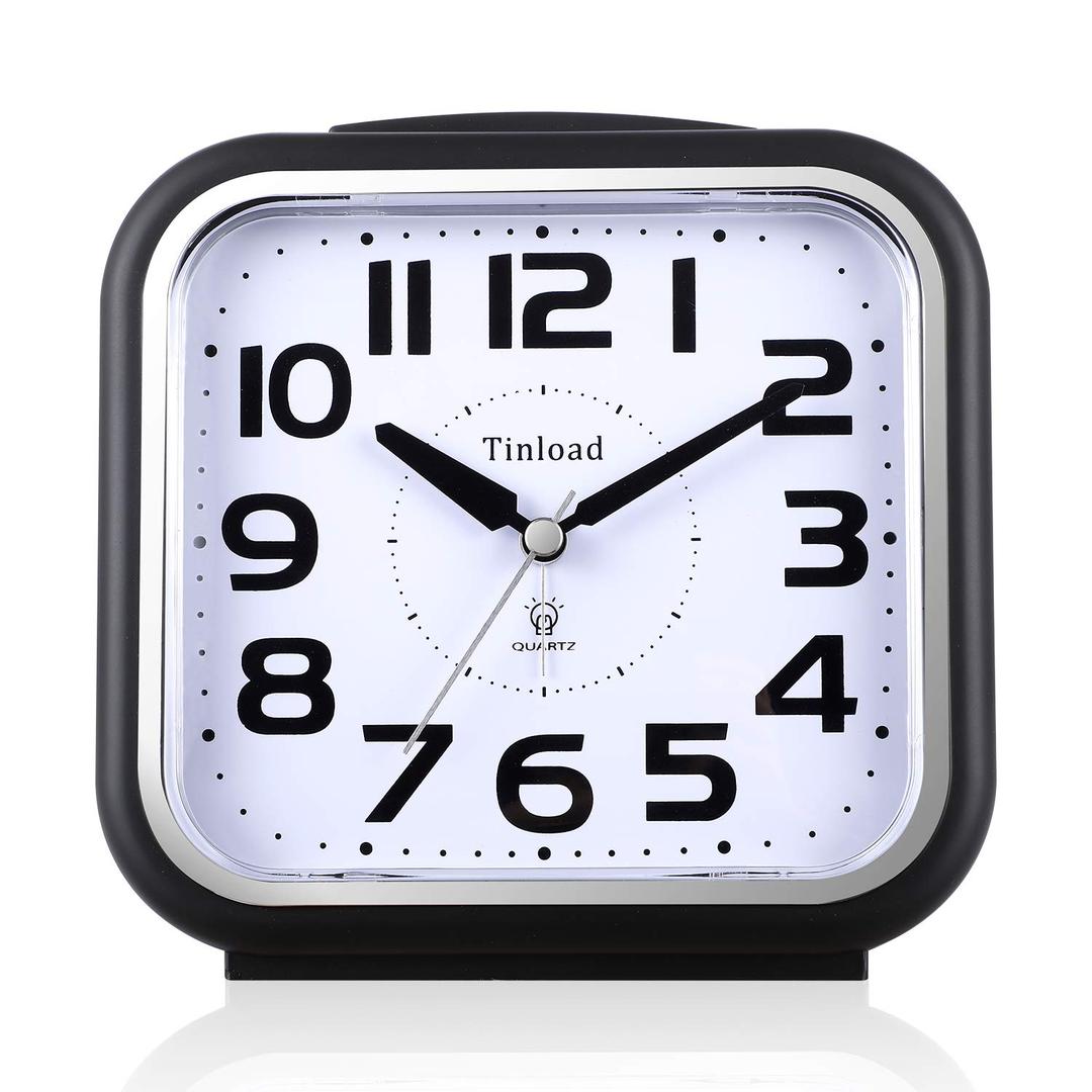 Non-Ticking Quiet Analog Alarm Clock, Soft Alarm Clock, Beep Sound, Increased Volume, Snooze and Battery Operated Light, Easy Adjustment, Black (Great for E)
