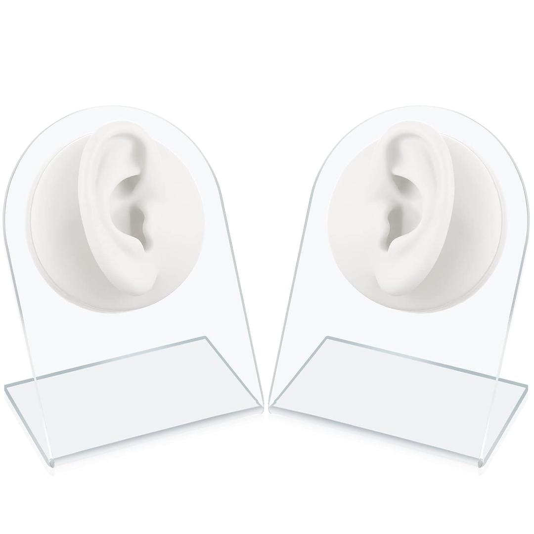 2 Pcs Flexible Silicone Fake Ear Model Reused Soft Mold for Earrings Jewelry Display Rubber Ear for Piercing Practice with Acrylic Stand (White, Classic Style)