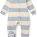 Burt's Bees Baby Boys Sleep and Play PJs, 100% Organic Cotton One-Piece Zip Front Romper Jumpsuit Pajamas (Quarry Blue Rugby Stripe)