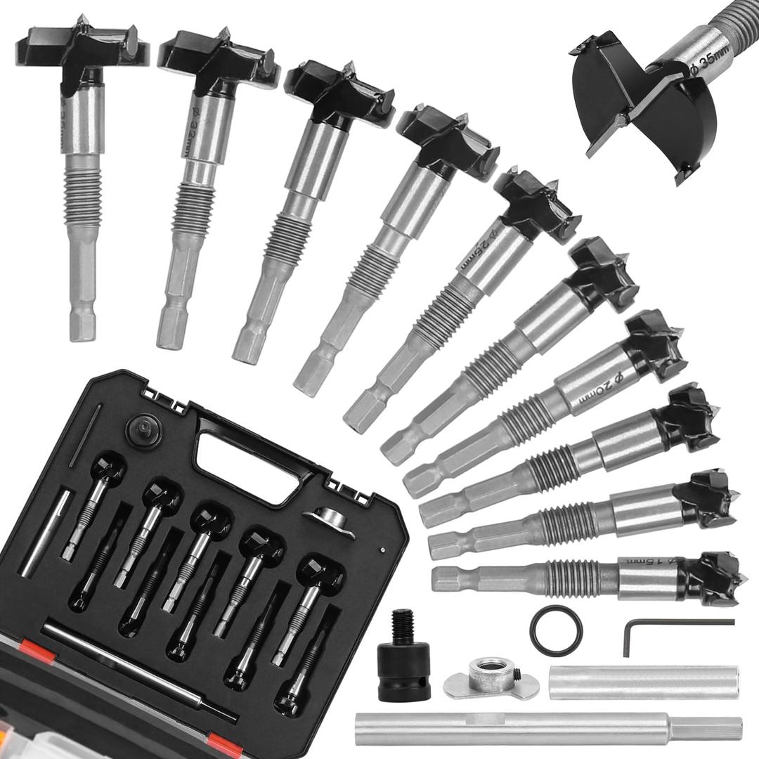 15Pcs Carbide Forstner Drill Bits Set, Round Shank with Thread Design, Drilling Cutting Tool with Extension Bar & Woodworking Limiter, Forstner Drill Bit for Wood Plywood Plastic, with Storage Case